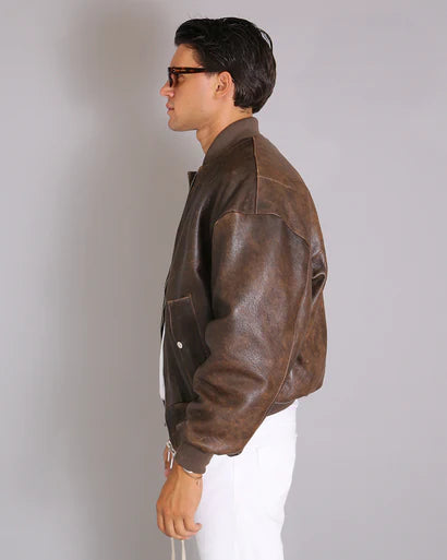 Bomber in vera pelle Oversize Vecchia America