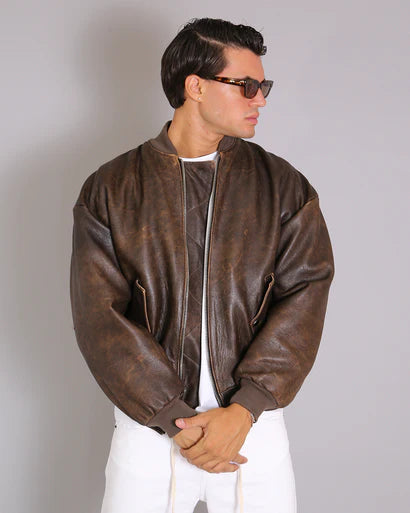 Bomber in vera pelle Oversize Vecchia America